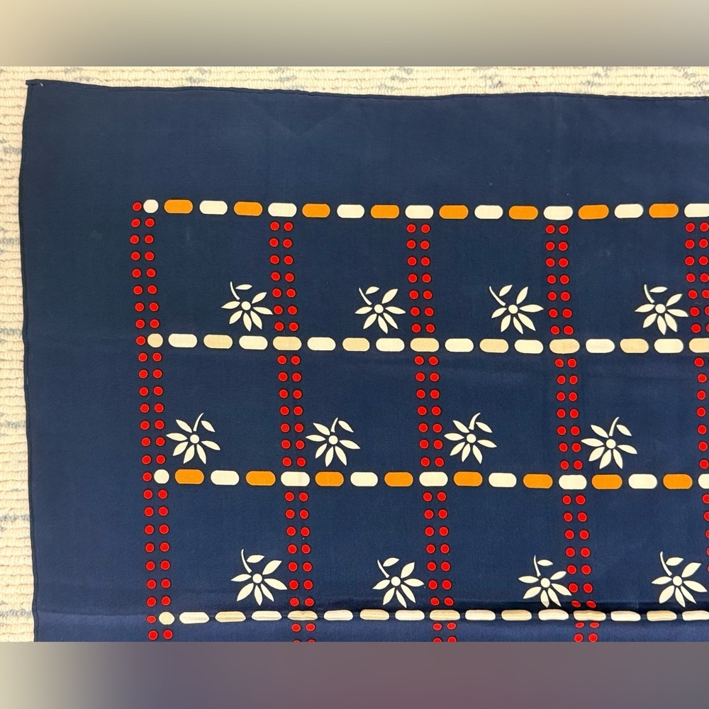CHRISTIAN DIOR Vintage Y2K 70’s 100% Silk Navy/Multicolor Geometric Floral Scarf - Picture 4 of 11